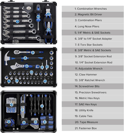 Prostormer Mechanic Tool Set – 219 Piece Basic Tool Kit for Home Repair & Auto Car Maintenance, General Household Tool Set with Aluminium Tool Box
