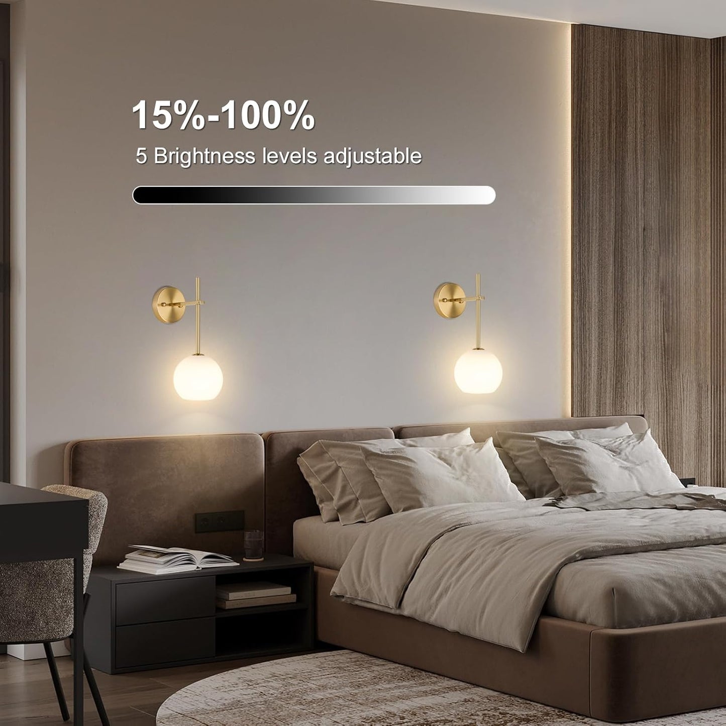 Brass Battery Operated Wall Sconces Set of 2, Rechargeable Wireless Wall Lights with Milky White Frosted Glass, 12 RGB and 3CCT Dimmable, Wall Lamps with Remote for Bedroom Living Room Hallway