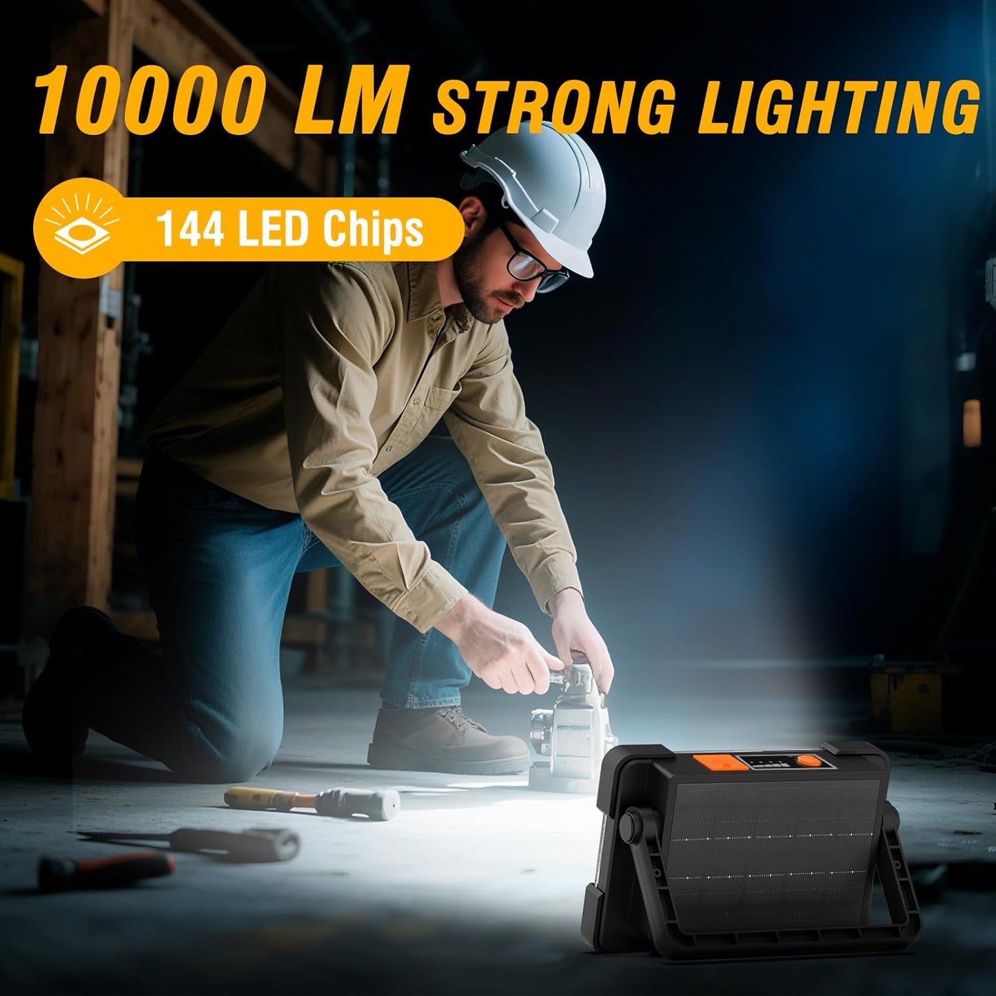 120W Solar Rechargeable Work Light, 144 LED 10000LM Led Work Light with 4 Modes, Portable Flood Light with Stand, IP66 Waterproof Outdoor Working Light for Emergency Mechanic Camping Repair (Yellow)