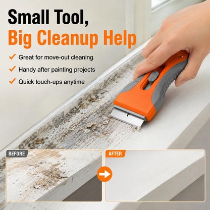 Razor Blade Scraper Set, 2 Safety-Lock Handles + 20 Steel Blades | Steel Blades Retract into Plastic Handles, Removes Stickers, Labels, Paint, Caulk and Residue From Windows, Cooktops and Tile