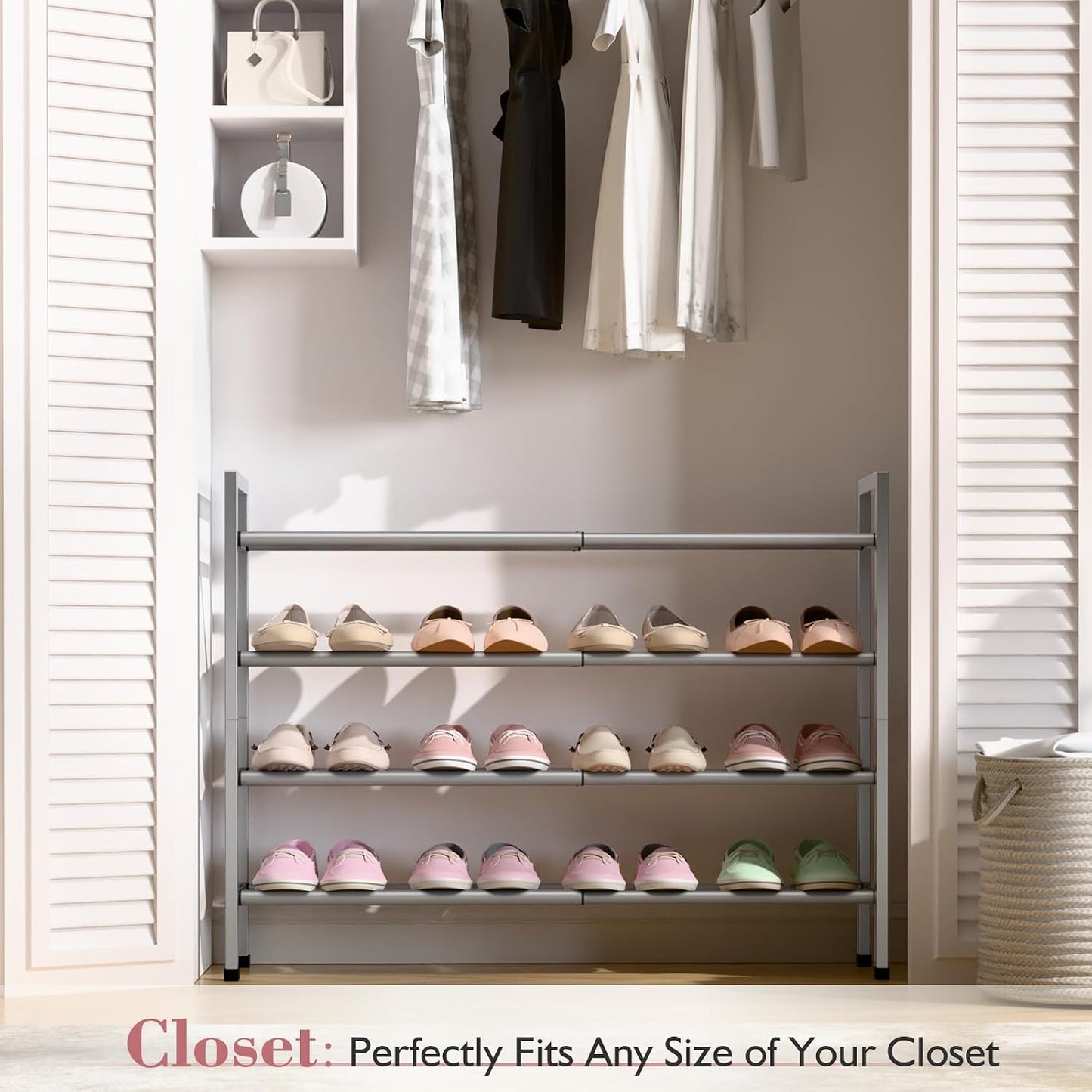 Bumusty 3-Tier Expandable Shoe Rack for Closet, 18“-33” Adjustable Shoe Rack for Small Space, Small Shoe Organizer for Front Door, Sturdy Metal, Black