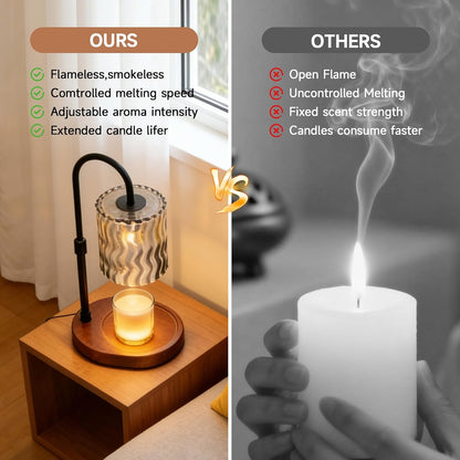 Candle Warmer Lamp with Timer, Dimmer, Vintage Glass Shade | Adjustable height, 2/4/8-hour timer, wood base, 2 bulbs included