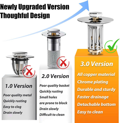 Anlige Bathroom Sink Drain Strainer, 2PCS 3 in 1 Pop Up Bathroom Sink Stopper with Removable Brass Basket Hair Catcher, Universal Sink Plug for 1.06 to 1.6in Drain Hole, Chrome Silver