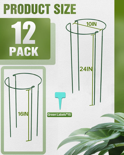 12 Pack 16 Inch Metal Plant Support Stakes for Outdoor Plants and Flowers | Peony cages and supports, Flower stakes, Includes 15 Pcs twist ties, Sturdy, Rust-proof, Easy to install, Durable