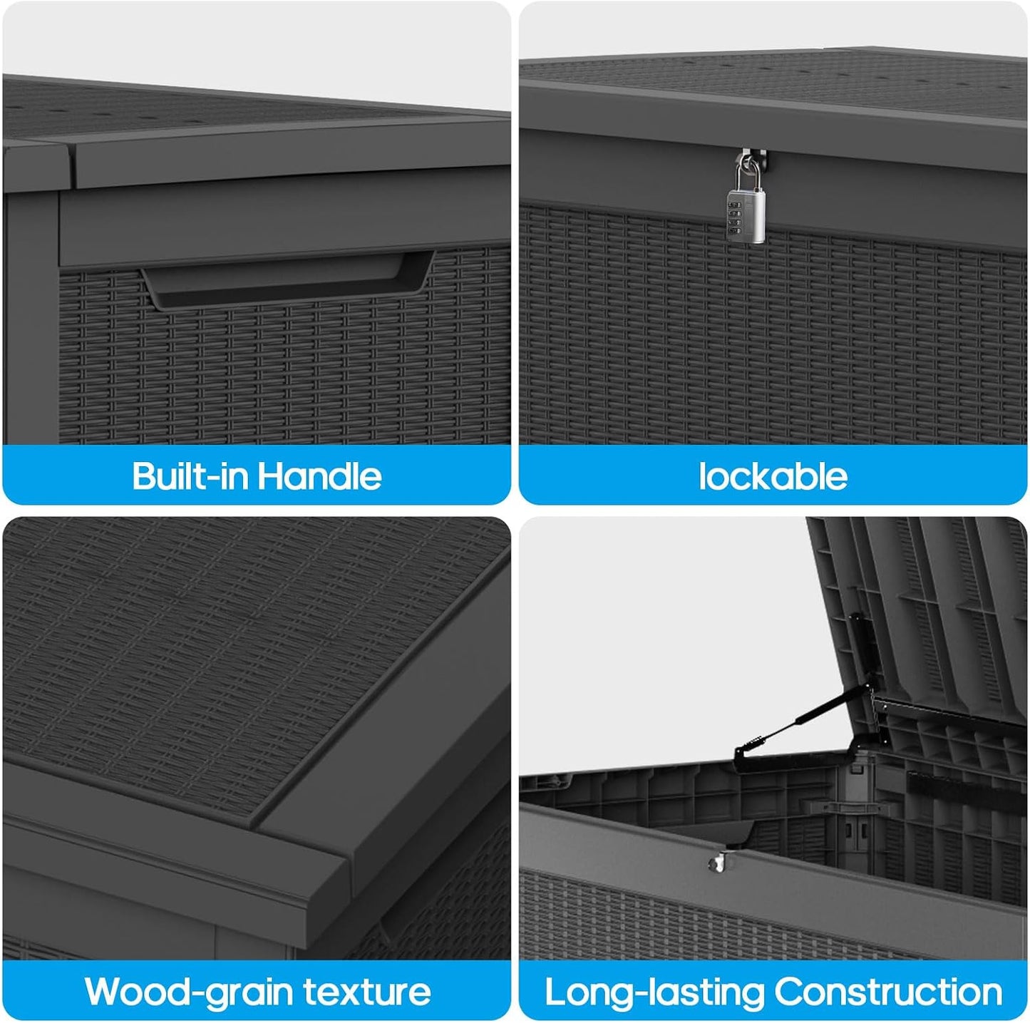 270 Gallon Lockable Resin Outdoor Storage Box, Waterproof & Weather Resistant Deck Box for Patio Cushion, Garden Tools & Pool Accessories, Black