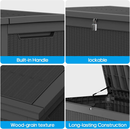 270 Gallon Lockable Resin Outdoor Storage Box, Waterproof & Weather Resistant Deck Box for Patio Cushion, Garden Tools & Pool Accessories, Black