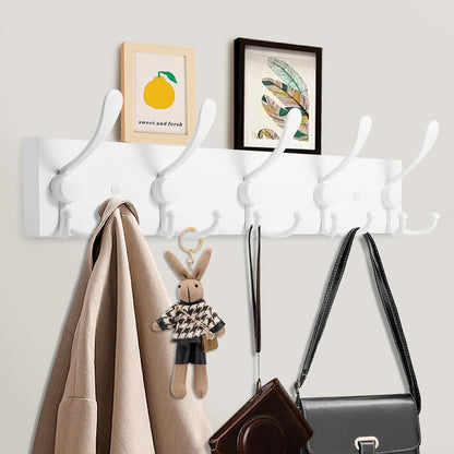 Kuhome 2pcs Coat Rack Wall Mount Wooden Hat Rack for Wall Hooks Pine Real Wood Plank 16.9" Brown Coat Hanger with 5 Triple Hooks for Hanging Coat Hat Jacket