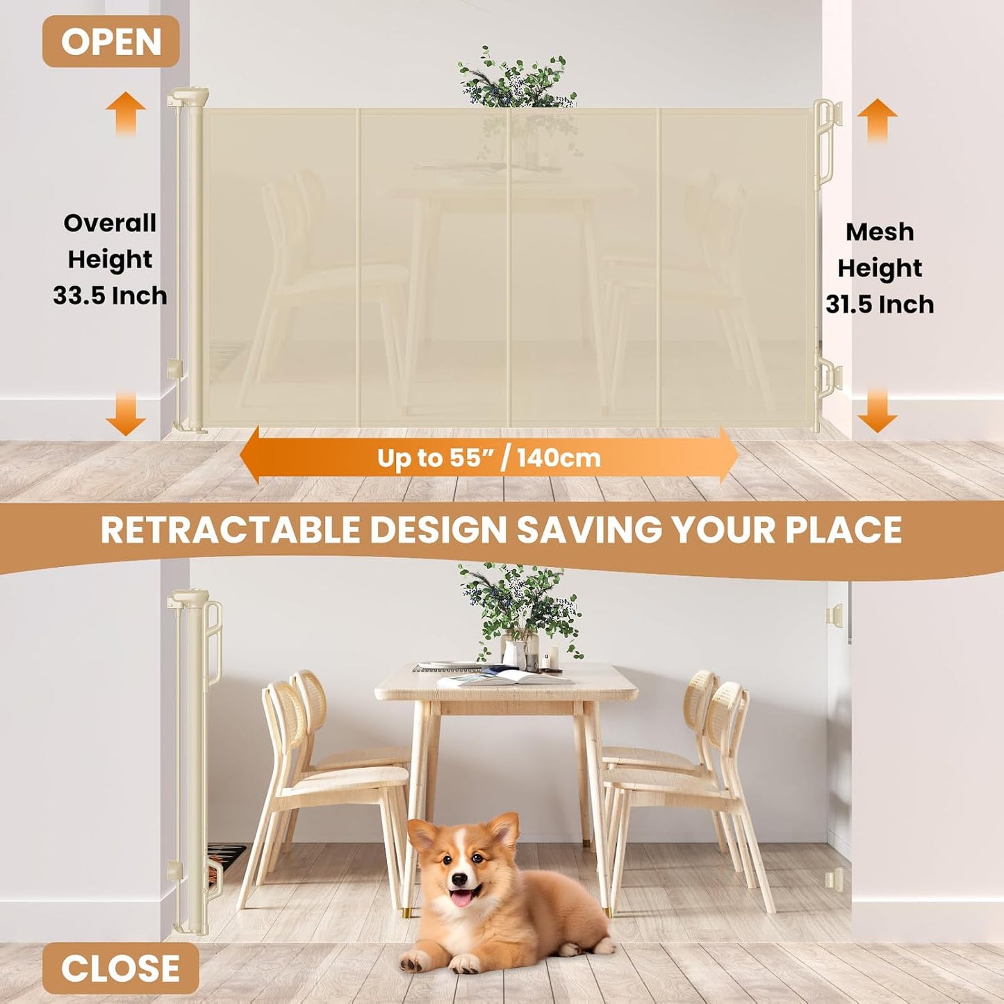 SPACEANY Reinforced Retractable Baby Gate, Mesh Dog Gate, Child Safety Gate for Doorways, Stairs, Hallways, Indoor/Outdoor, Wide Openings -33.5" Tall, Width up to 55" Gray