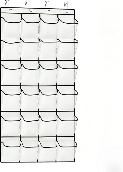 Meolsaek Over Door Shoe Organizer with 24 Breathable Mesh Pockets, Shoe Holder for Door with 4 Metal Hooks, Back of Door Shoe Organizer for Closet, Bedroom, Bathroom, Pantry (Grey - 24)