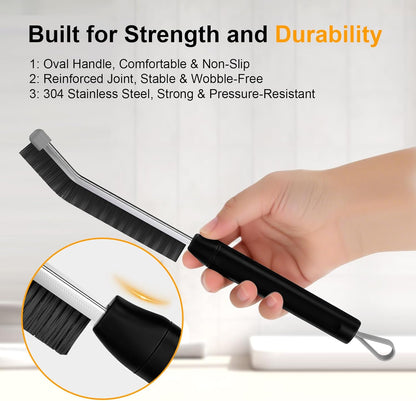 Crevice Cleaning Brush 3 Pack, Stainless Steel Bristle Support Rod, Rust-Resistant & Durable, Rounded Protective Head, Stiff Bristles for Tile Grout, Bathroom Gaps & Window Groove Brushes