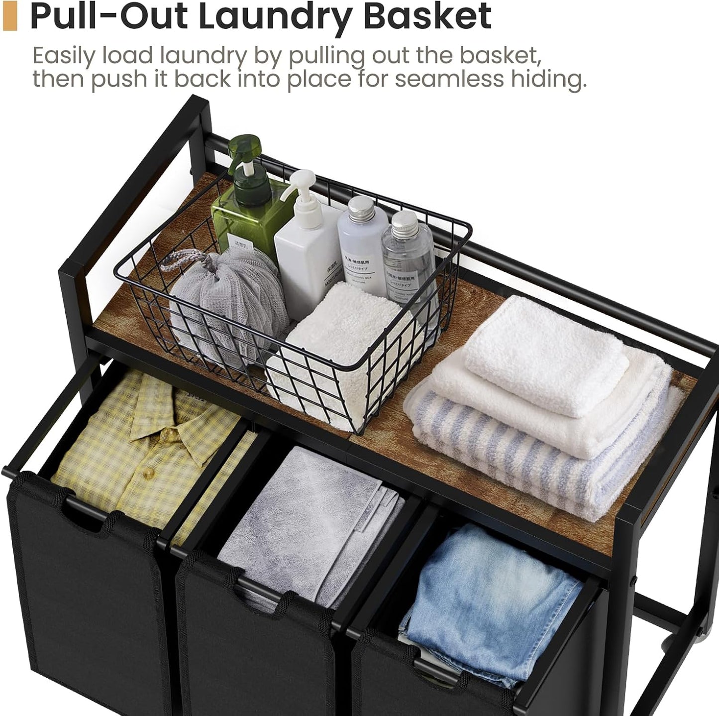 SwaaVee Laundry Sorter, Laundry Hamper 3 Section, 3×11.4Gal, Metal Frame Rolling Laundry Basket with Wooden Top Shelf, Pull out and Removable Laundry Bags, 3 Bags-Gray