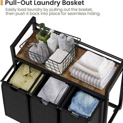 SwaaVee Laundry Sorter, Laundry Hamper 3 Section, 3×11.4Gal, Metal Frame Rolling Laundry Basket with Wooden Top Shelf, Pull out and Removable Laundry Bags, 3 Bags-Gray