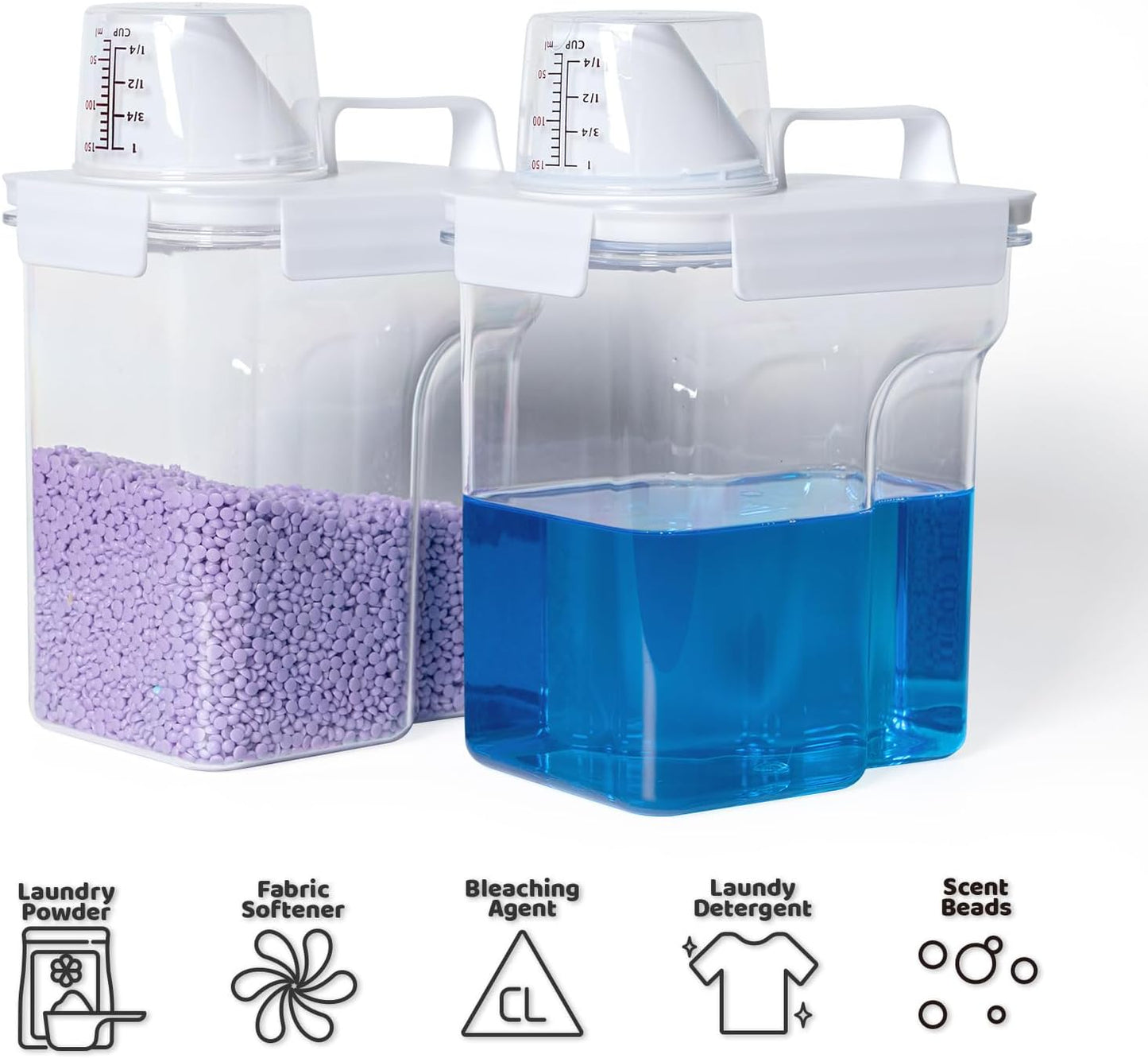G2 GO2GETHER Laundry Detergent Container,2Pack -68oz Laundry Detergent Dispenser with 5 labels for Laundry Room, Laundry Scent Beads, Powder,Bleach,Soap,Fabric Softener Storage and Organization.