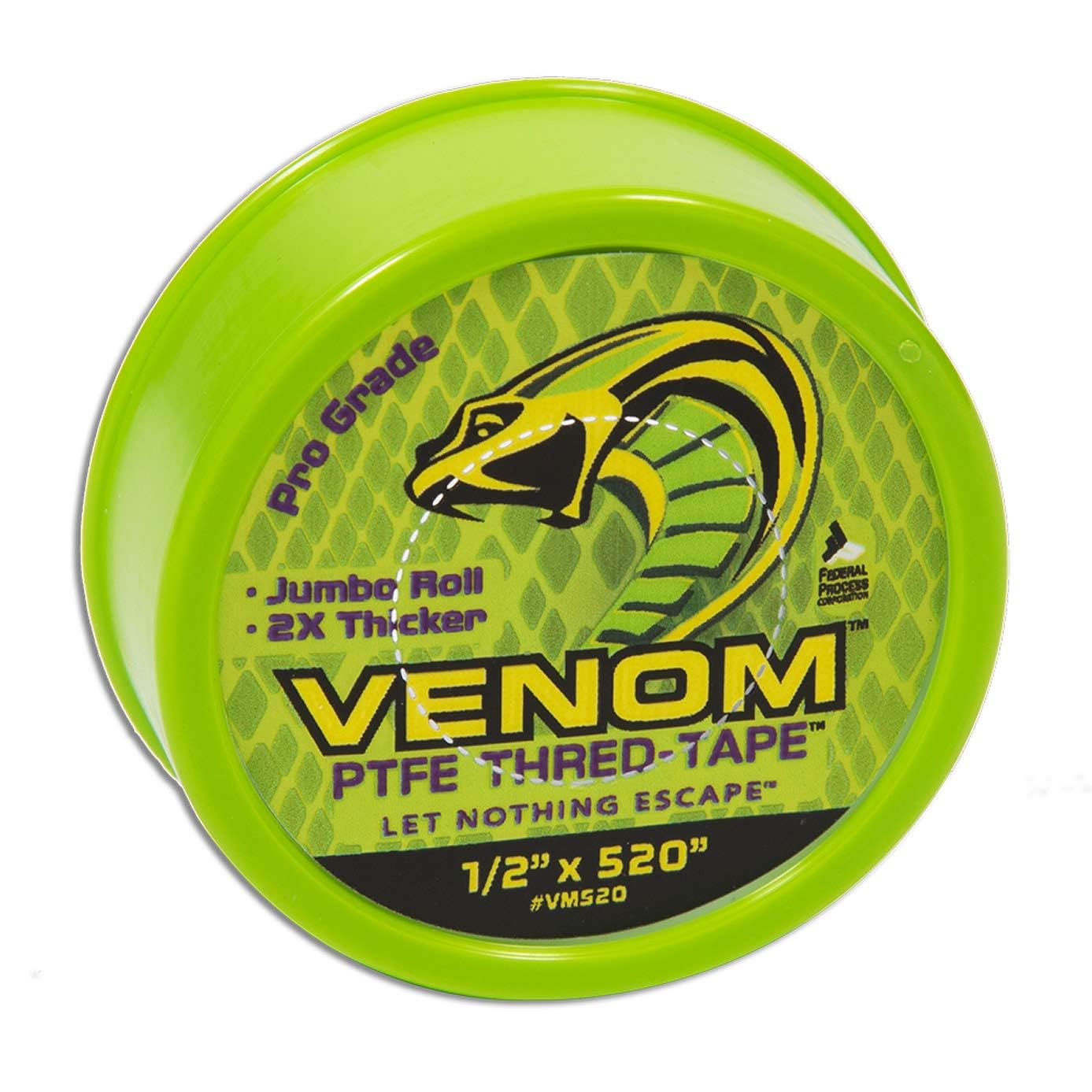Venom Pro-Grade PTFE Thread Tape, 1/2" x 520" Roll – Professional-Grade, 99.9% Pure, 2X Thicker, No Dyes, UL-Approved for Plumbing, Potable Water, Food Grade, and Oxygen Systems