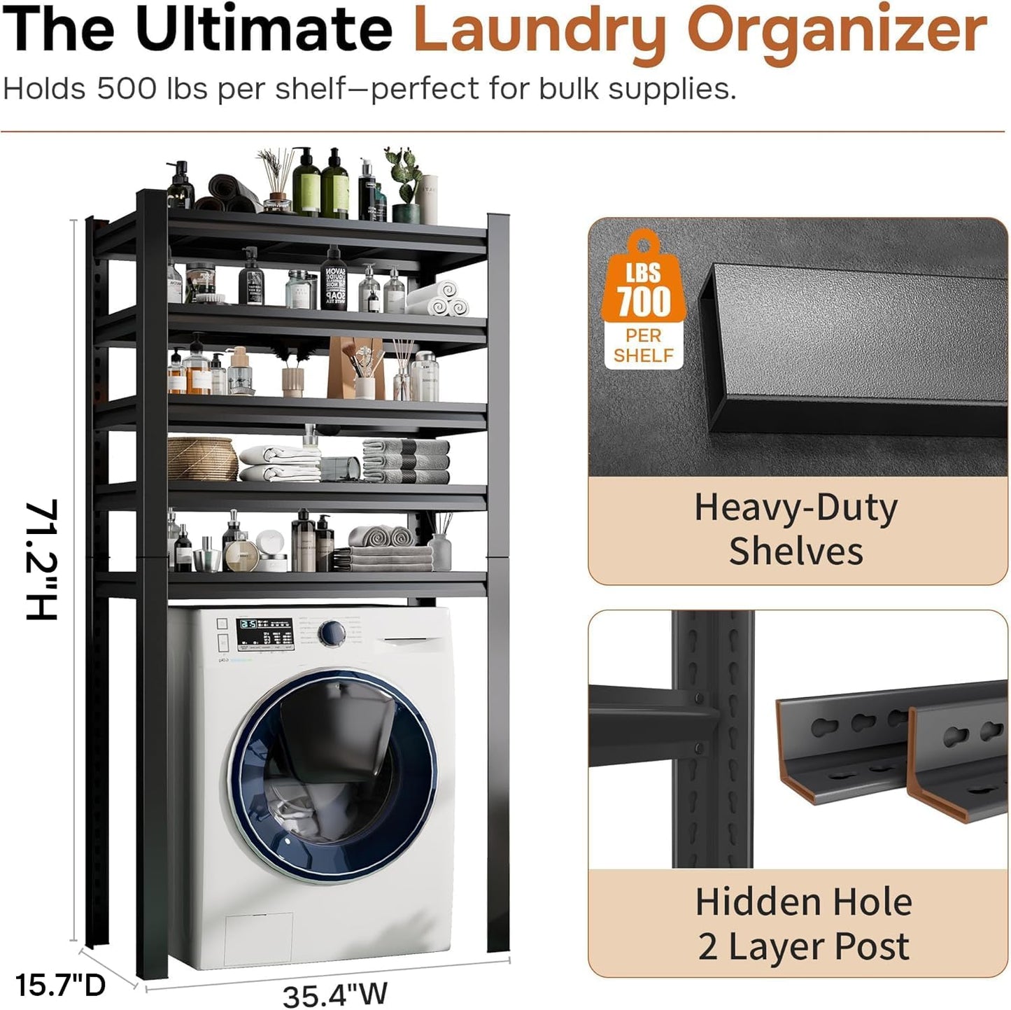 Laundry Room Storage Organizer, Over The Washer and Dryer Storage Shelves for Laundry Organization, 35.4" W x 15.7" D x 71.2" H, Suit Washing Machine Width Within 35.4", Hold 500 lb, Black