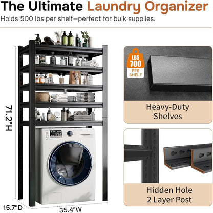 Laundry Room Storage Organizer, Over The Washer and Dryer Storage Shelves for Laundry Organization, 35.4" W x 15.7" D x 71.2" H, Suit Washing Machine Width Within 35.4", Hold 500 lb, Black