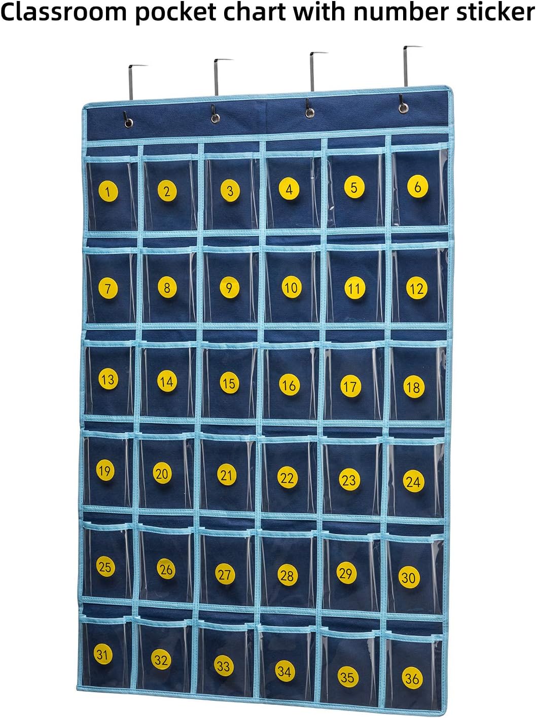 SAVERHO 36 Clear Pockets Classroom Pocket Chart for Cell Phone and Calculator Holder, Door Hanging Pocket Chart for Classroom Phone Holder with Number Sticker and Hooks (Blue)
