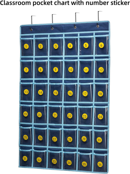 SAVERHO 36 Clear Pockets Classroom Pocket Chart for Cell Phone and Calculator Holder, Door Hanging Pocket Chart for Classroom Phone Holder with Number Sticker and Hooks (Blue)