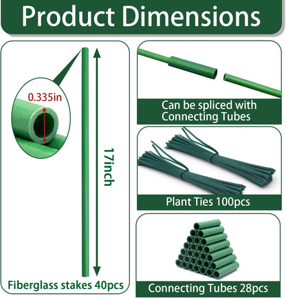 Garden Stakes 17Inch 20Pcs HOUNANG, DIY 4ft 5ft 6ft 7ft 8ft Fiberglass Plant Support Stakes for Gardening, with 14Connectors 50Ties for Indoor Outdoor Plants, Tomato, Vegetables, Potted Plants
