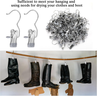 Yinder 150 Pcs Boot Hangers Clips Laundry Hooks Hanging Stainless Steel Clothes Pins Portable Clip Hangers for Closet Travel Socks Pants Handbags Hats Towels (Beige)