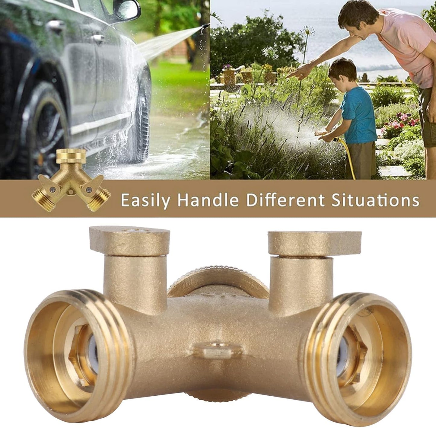Garden Hose Splitter 2 - Way | All - Brass Strong Valve | NPT 3/4 Thread for Outdoor Watering/Laundry/Car Washing | Leak - Proof Design with Adjustable Output