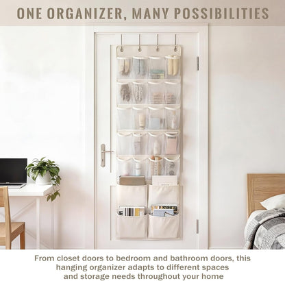 SATINIOR 19 x 51 Inch Canvas over The Door Closet Organizer with 20 Mesh Pockets 4 Large Pockets Multifunctional Closet Hanging Storage Organizer with Hooks for Pantry Laundry Bathroom Nursery