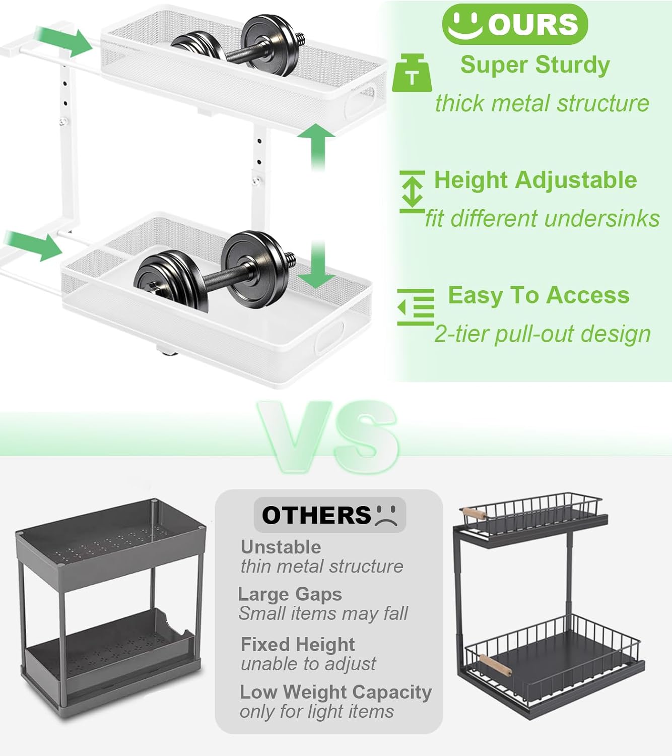 Under Sink Organizer 2 Pack, High Adjustable 2 Tier Under Sink Organizers and Storage, Slide out Metal Cabinet Organizers, Pull out Storage Drawer Shelf for Kitchen Bathroom Cabinet (Black-1pack)