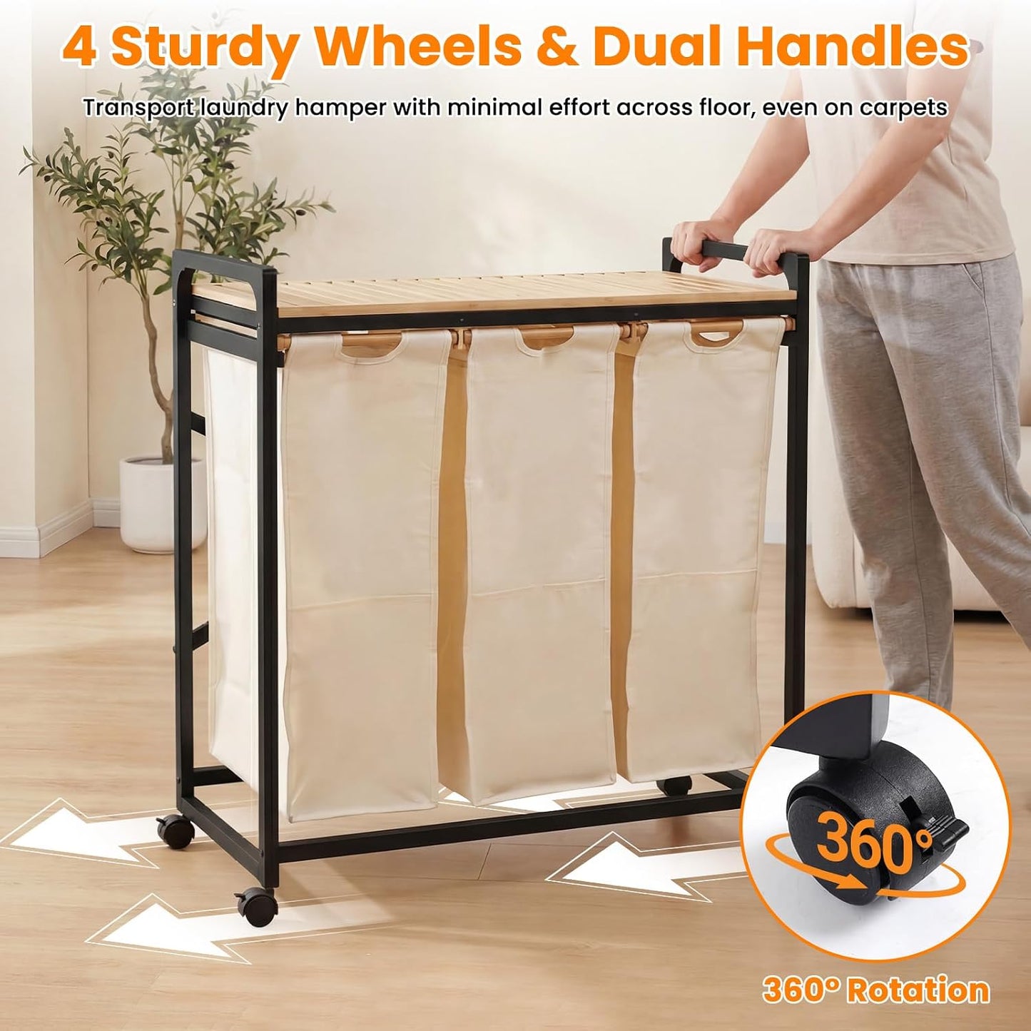 Bamboo Laundry Hamper 3 Section with Lid, 150L Laundry Sorter with Lockable Wheels, Pull-Out Removable Washable Bags, 3 × 12.5 Gal Divided Laundry Baskets for Laundry Room, Bathroom (White)