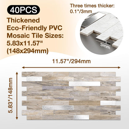 Peel and Stick Backsplash Tile Waterproof Removable PVC Wall Sticker 3D Faux Stone Marble Brick White Accent Panels (White Marble - Metal Silver, 20 Tiles - 9 sq. ft. (0.84 M²))