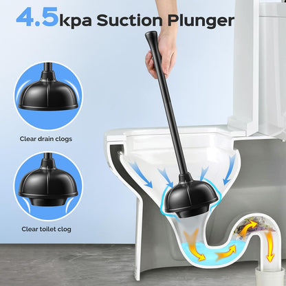 HAMITOR Toilet Plunger and Brush Set: 2 in 1 Stainless Steel Rustproof Combo with Deep Cleaning Curved Bristles - Heavy Duty Toilet Unclogging for Family Bathroom - Compact Apartment Accessories