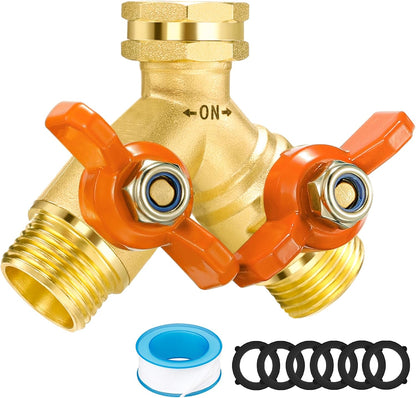 Garden Hose Splitter 3/4" GHT Full Flow 2 Way Brass Hose Splitter Heavy Duty All Metal Hose Y Splitter with Shutoff Outdoor Faucet Water Hose Splitter Y Valve Tap Adapter for Outdoor Garden