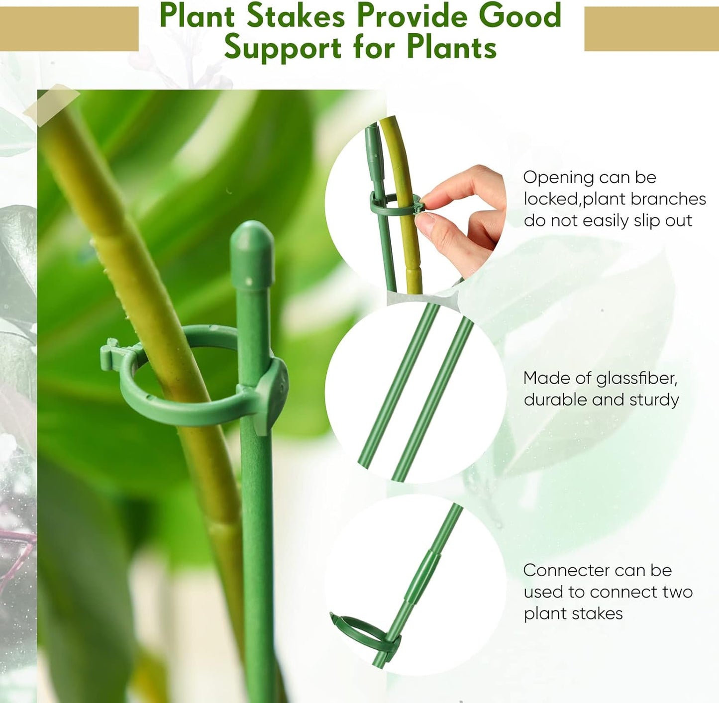 meekoo 12 Pcs 12 Inch Adjustable Plant Support Stakes for Indoor Outdoor Garden Orchid Stick Single Stem Plant Cage Support Rings with Clips and Connect Pipe for Tomato Flowers, Potted Plants (Green)