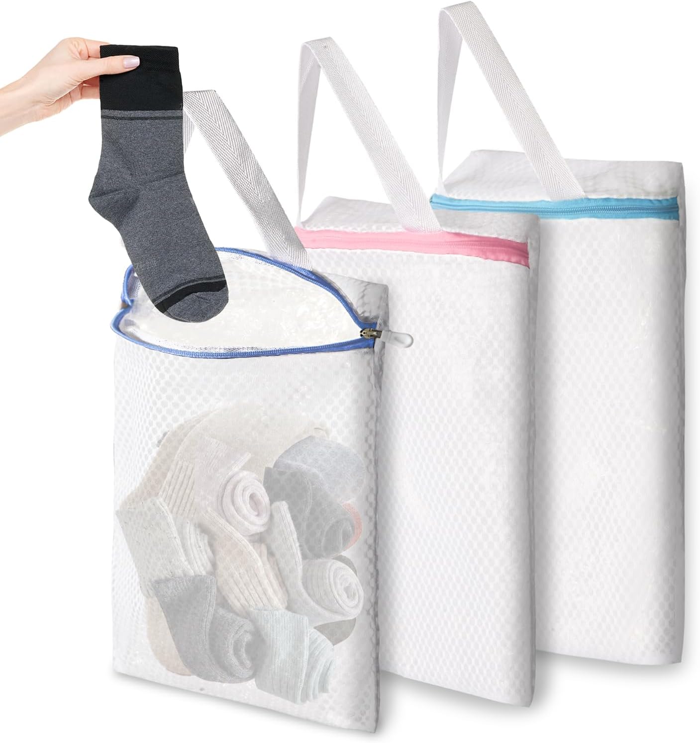 3 PACK Hanging Mesh Laundry Bags with S Metal Hooks,10x12 Inch Hanging Socks Laundry Bags, for Washing Machine