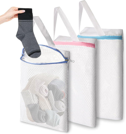 3 PACK Hanging Mesh Laundry Bags with S Metal Hooks,10x12 Inch Hanging Socks Laundry Bags, for Washing Machine