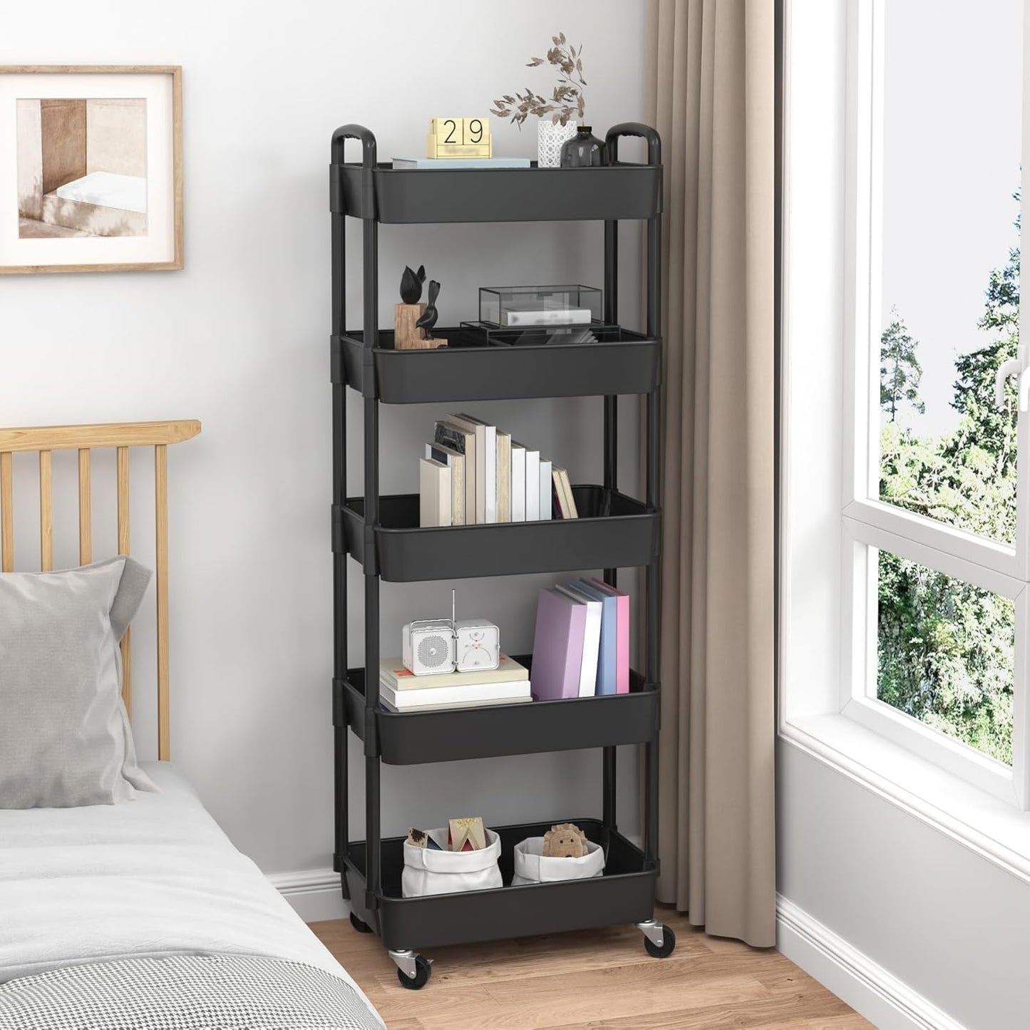 Sywhitta 4-Tier Plastic Rolling Utility Cart with Handle, Multi-Functional Storage Trolley for Office, Living Room, Kitchen, Movable Storage Organizer with Wheels, Black