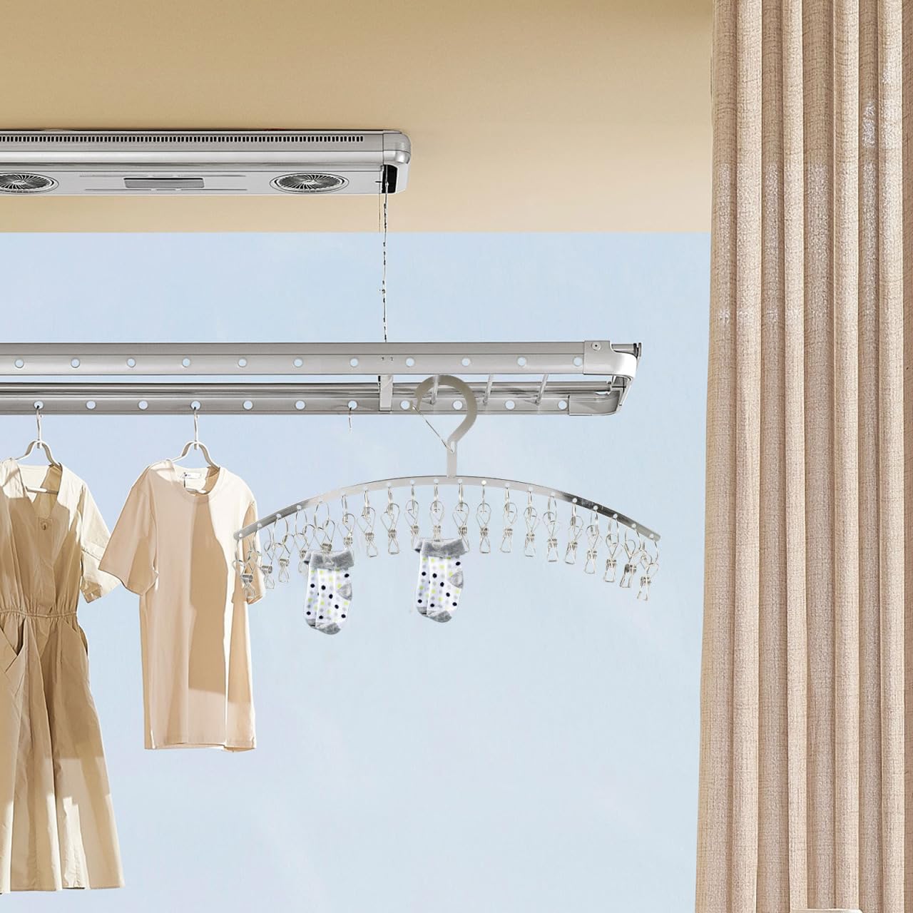 PRETYZOOM Stainless Steel Drying Rack with Clips Outdoor Windproof Sock Hanger for Laundry Lightweight Space-Saving Hanging Rack for Socks Underwear Towels Bras Gloves Scarves