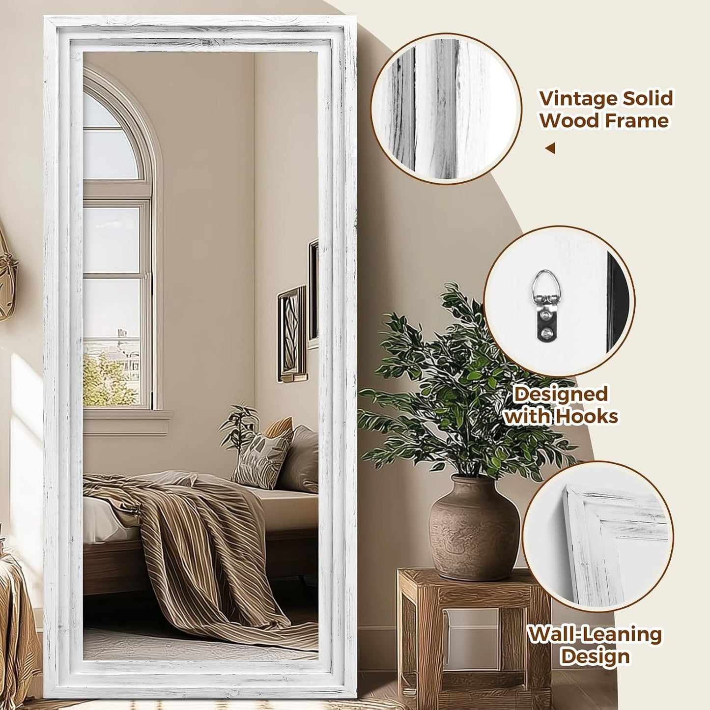 65"x22" Full Length Mirror Solid Wood Frame Floor Mirror with Stand for Living Room, Bedroom Hanging Standing or Leaning, Brown