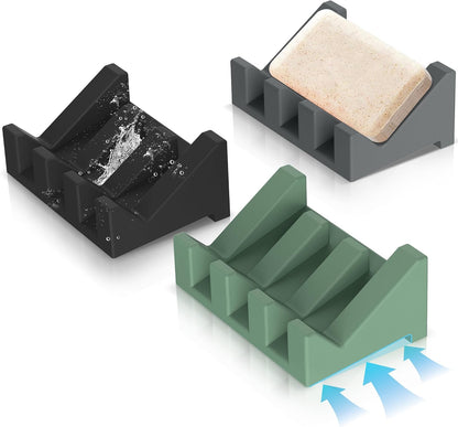 Silicone Soap Dish Set,3PCS Self Draining Soap Holder for Bar Soap | Self draining silicone soap dish with drainage,waterfall design keeps bar soap dry,extended soap holder for shower,bathroom