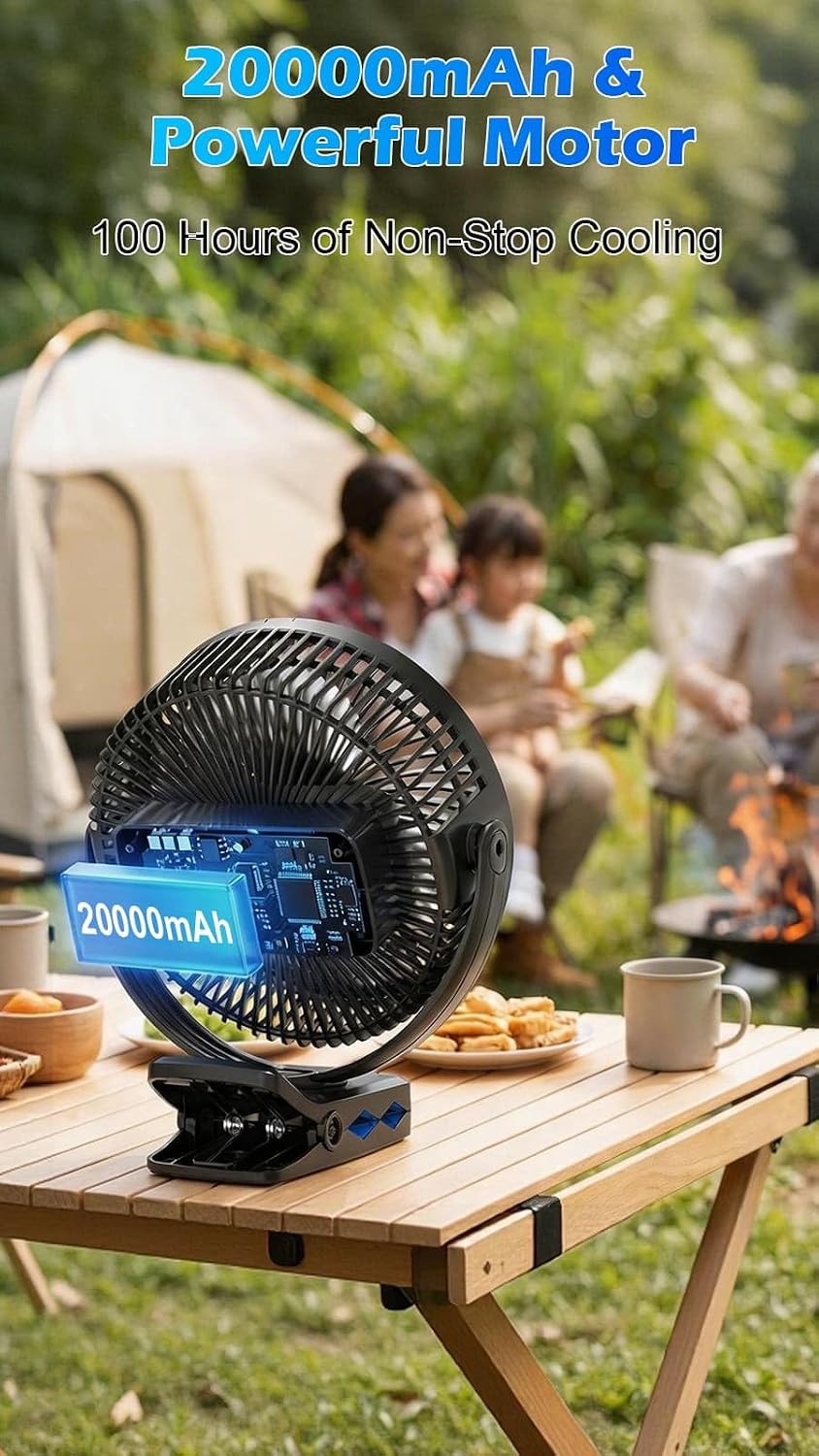 Meudeen 5000mAh Rechargeable Clip on Fan - 6 Inch Portable Fan - with Timer & LED Lantern - Battery Powered Golf Cart Fan - 5 Speeds Quiet Small Desk Fan for Camping - Stroller - Bedroom