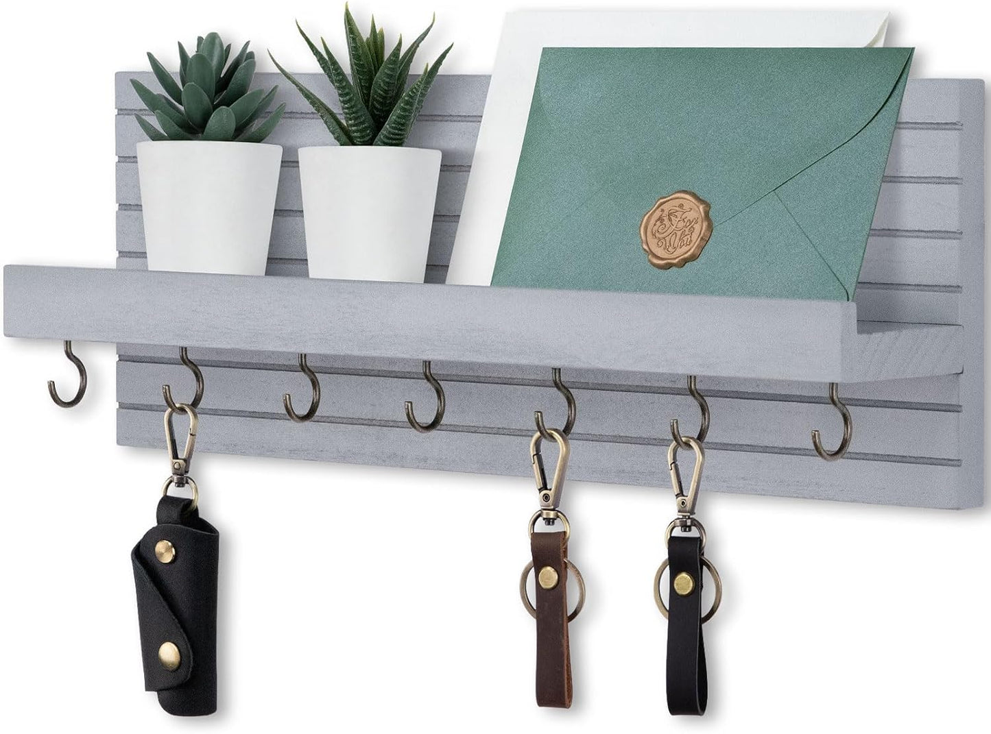 Lwenki Decorative Key Holder for Wall with Shelf, Entryway Shelf with Hooks Holds Leashes, Jackets and Glasses – Sturdy Wood Keyholder Entrance Hanger with Mounting Hardware (Black, Medium)