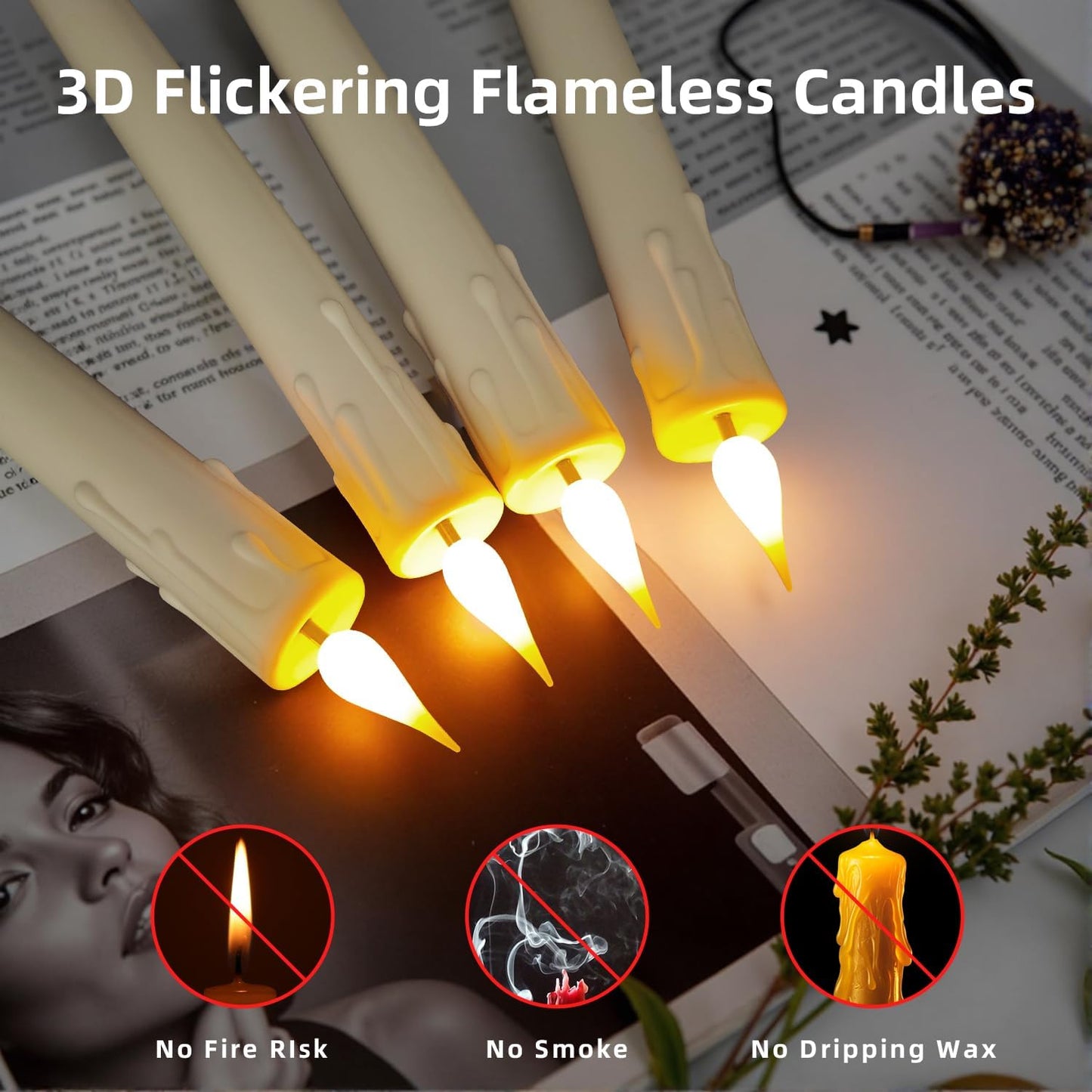 Flameless Taper Candles with Remote, 6.7 Inch Short Taper Candles Battery Operated with Flickering 3D Flame, Led Candle Sticks Safe for Windowsill Wedding Home Christmas Decor, Ivory, Set of 6