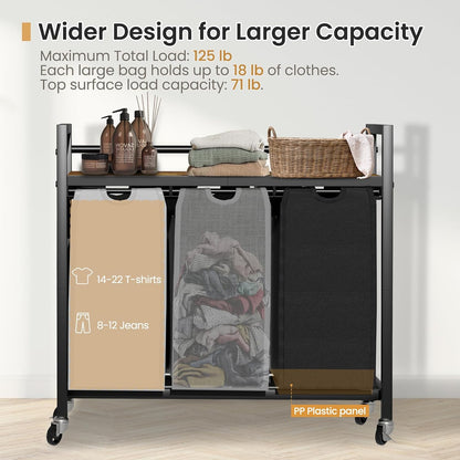 SwaaVee Laundry Sorter, Laundry Hamper 3 Section, 3×11.4Gal, Metal Frame Rolling Laundry Basket with Wooden Top Shelf, Pull out and Removable Laundry Bags, 3 Bags-Gray