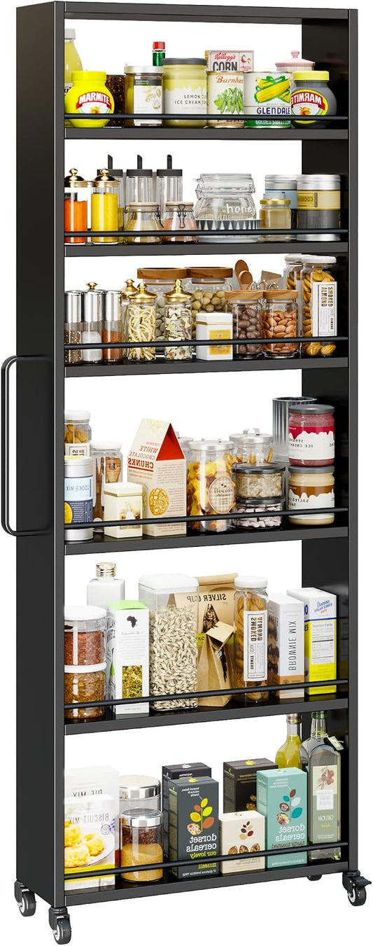 6-Tier Slim Rolling Storage Cart with Wheels, 8-Inch Deep Metal Utility Cart for Kitchen, Bathroom, Laundry, Craft Room – Narrow Design for Easy Organization and Mobility (Black)