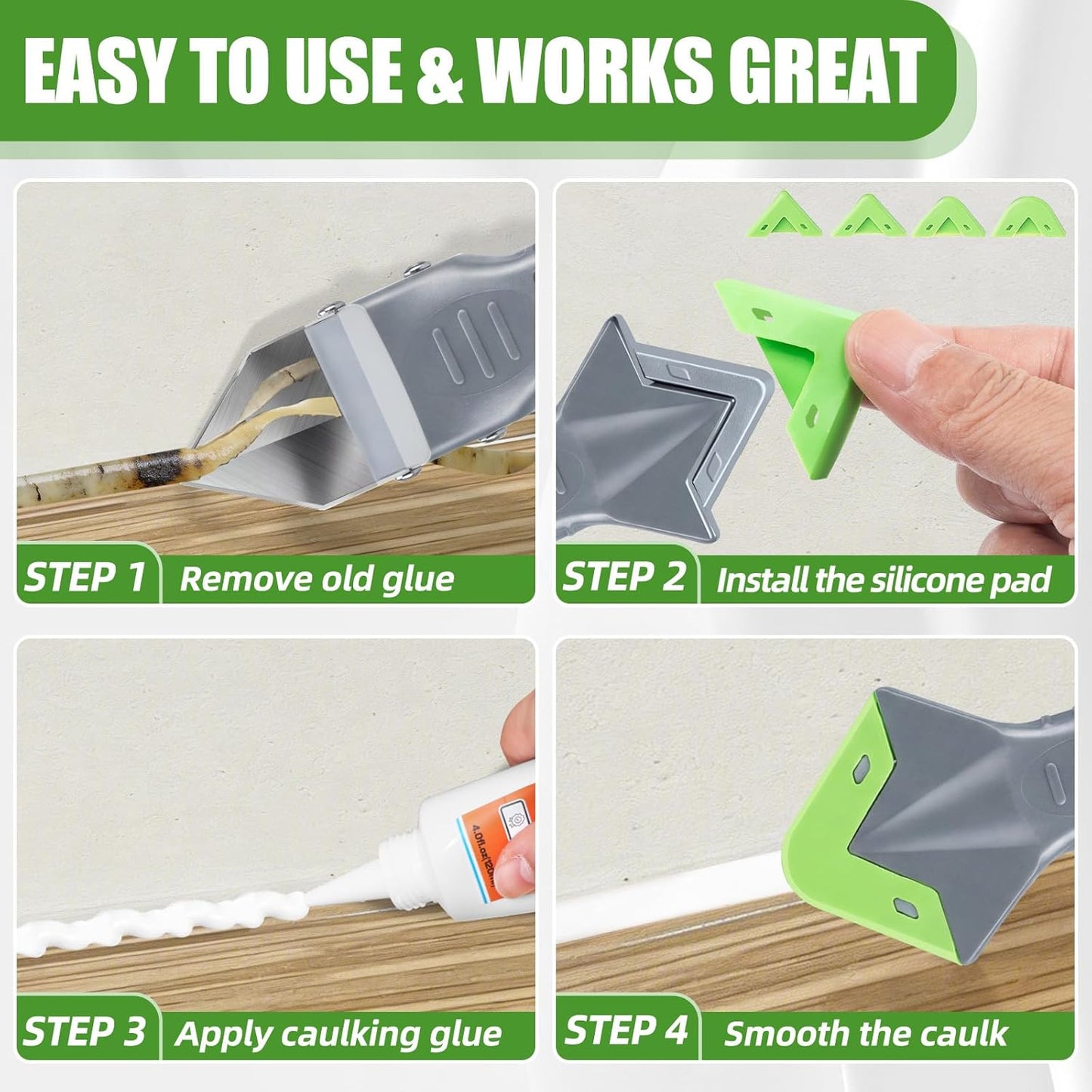 5 In 1 Caulking Tool Kit, Silicone Caulking Tool with Stainless Steel Head & Caulk Scraper, Sealant Finishing Tool with Multiple Angles, Caulk Remover Tool for Kitchen, Bathroom & Window Caulking
