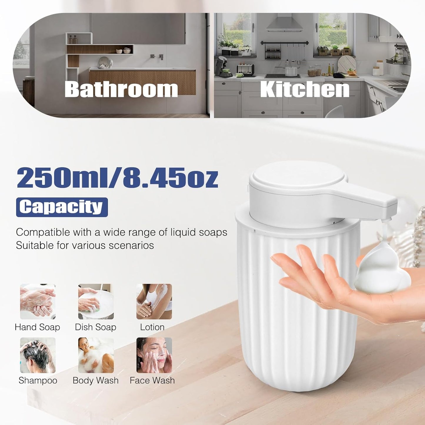Automatic Soap Dispenser Foaming Touchless: 9oz Plastic Black - Rechargeable Electric Smart Auto Foam Soap Dispenser - Bathroom Kitchen Hand Dish Lotion
