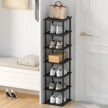 MHXW SXPN Bamboo Free Standing Shoe Rack Shelf Multi Tier Tall Wooden Stackable Shoes Rack Organizer for Closet Front Door Entrance Narrow Vertical Shoe Storage (Nature, 7 Tiers)