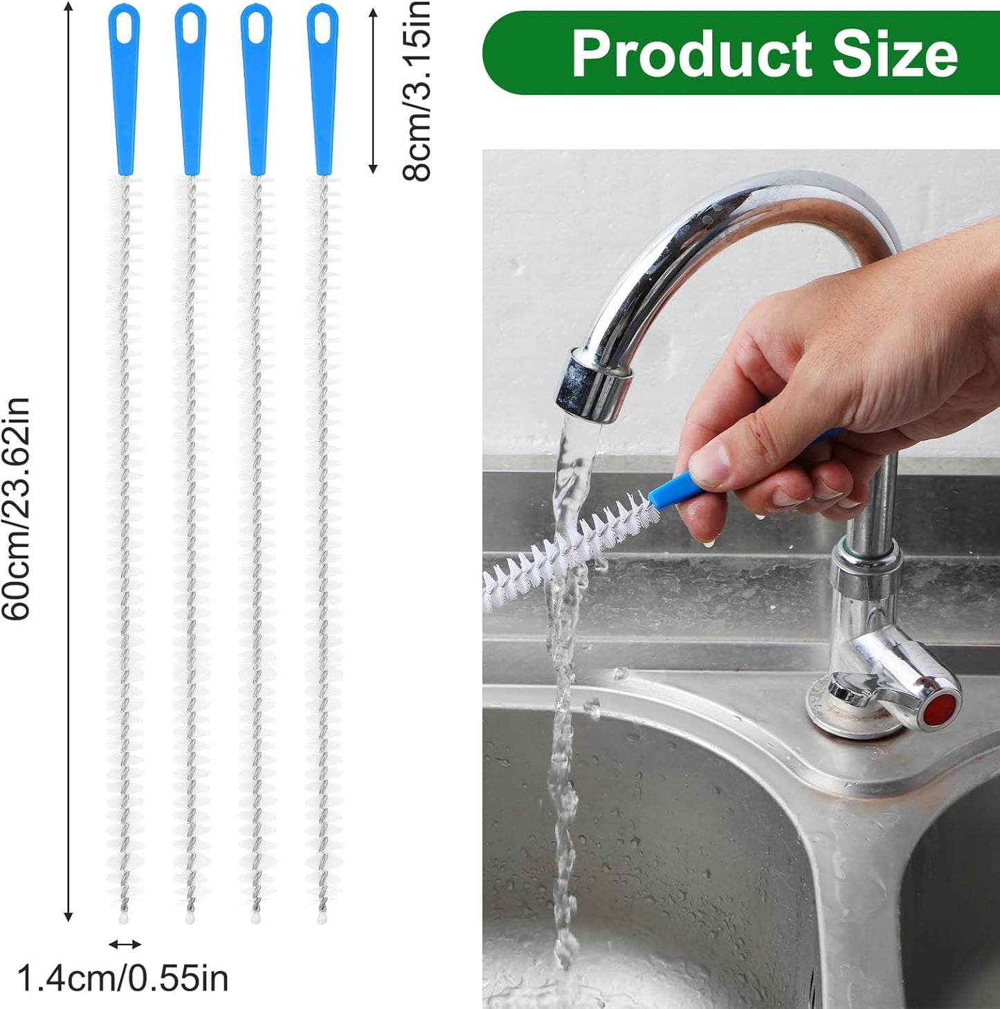 Molain 4 Pack Drain Cleaning Brush, 23.6inch Long Flexible Drain Clog Remover Tool Pipe Brush Cleaner with Nylon Bristles Rust-Resistant Sink Drain Cleaner for Toilet Kitchen Sink Shower Bathroom Tub
