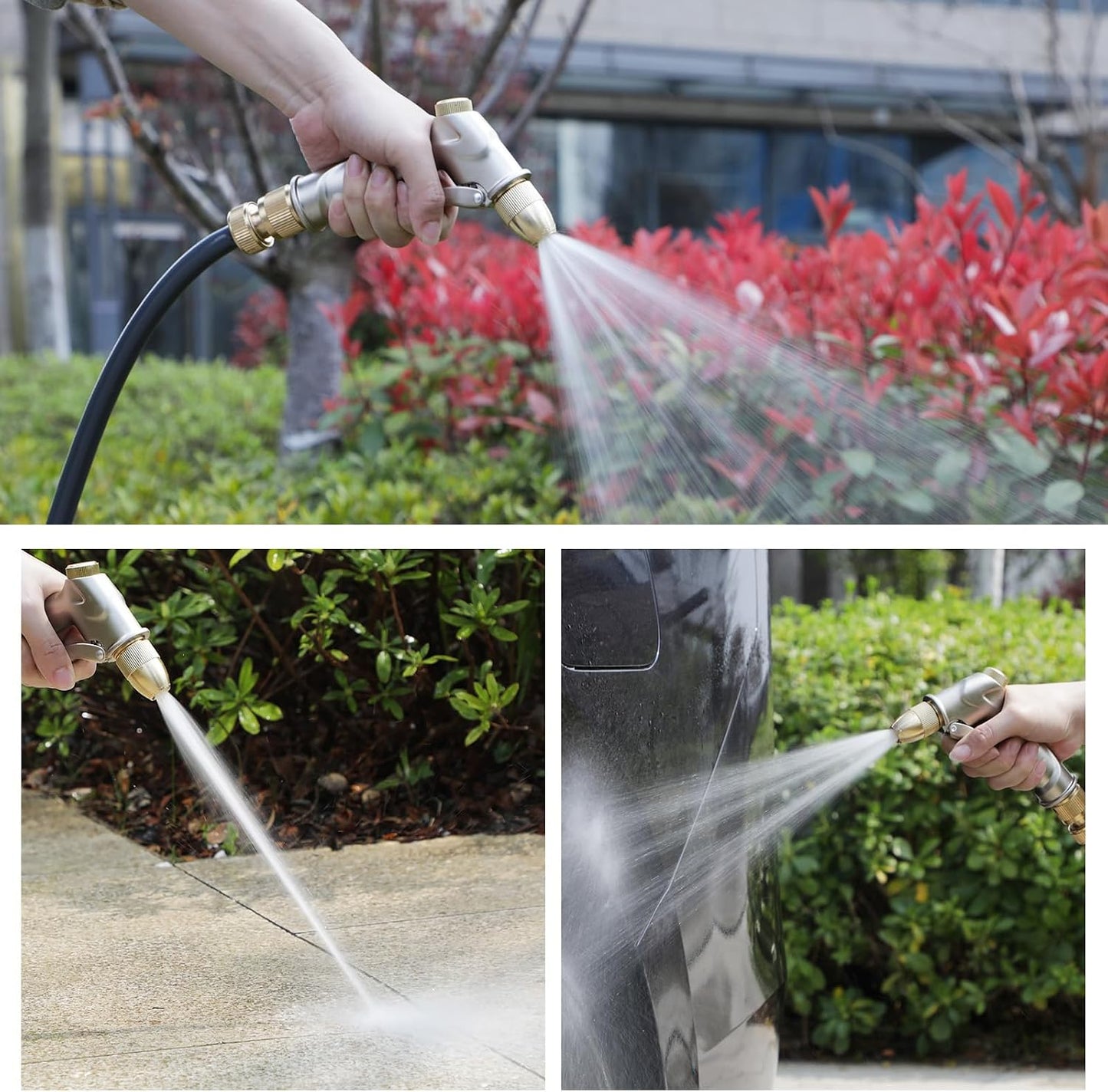 Garden Hose Nozzle Sprayer with Full Brass Nozzle, 100% Heavy Duty Metal Water Sprayer Nozzle Fits 3/4” Garden Hose Thread with 4 Patterns, 360° Rotating Adjustable Nozzle for Plants, Lawns, Cars