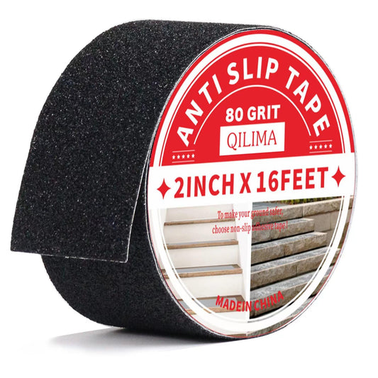 Qilima Anti Slip Tape - Waterproof Non Slip Stair Grips, Outdoor Adhesive Grip Tape for Step Treads, Black, 2inx16.5ft