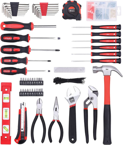 FASTPRO 215-Piece Home Repairing Tool Set with 12-Inch Wide Mouth Open Storage Bag, Household Hand Tool Kit,Red